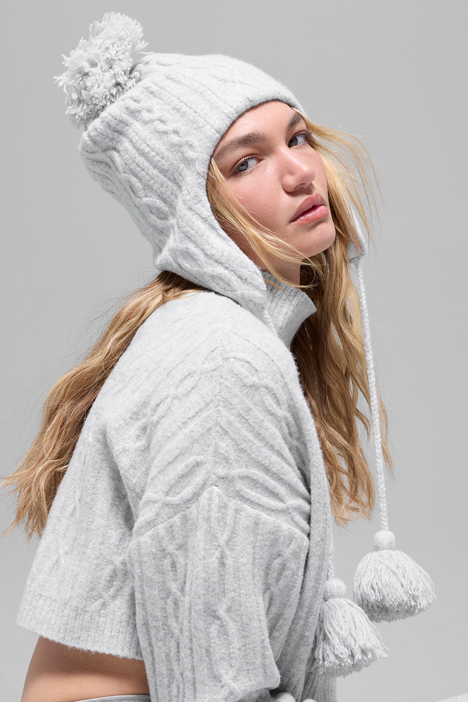 Cable Knit Winter Bliss Earflap Beanie - Athletic Heather Grey — photo 2
