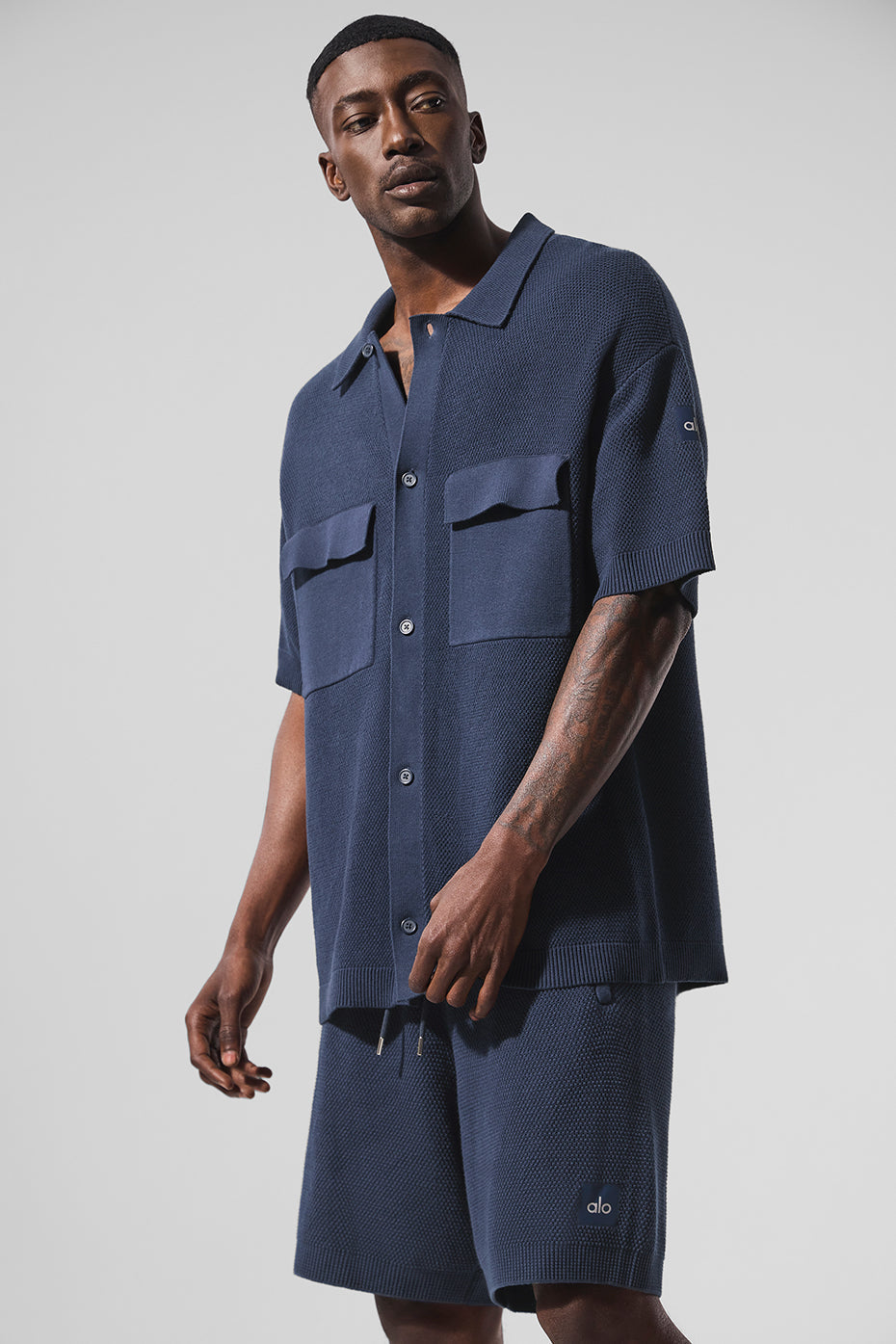 Sports Club Sweater Knit Short Sleeve Button Up - Navy — photo 1