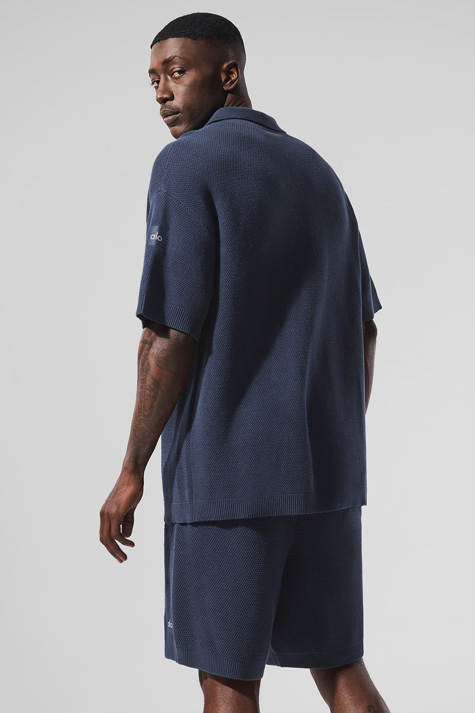 Sports Club Sweater Knit Short Sleeve Button Up - Navy — photo 3