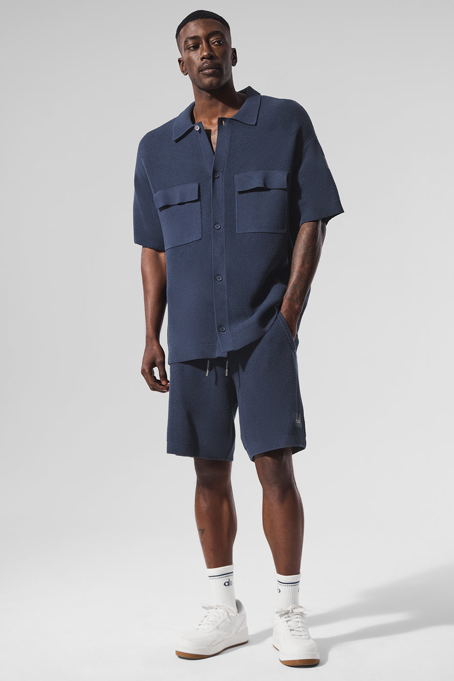 Sports Club Sweater Knit Short Sleeve Button Up - Navy — photo 4