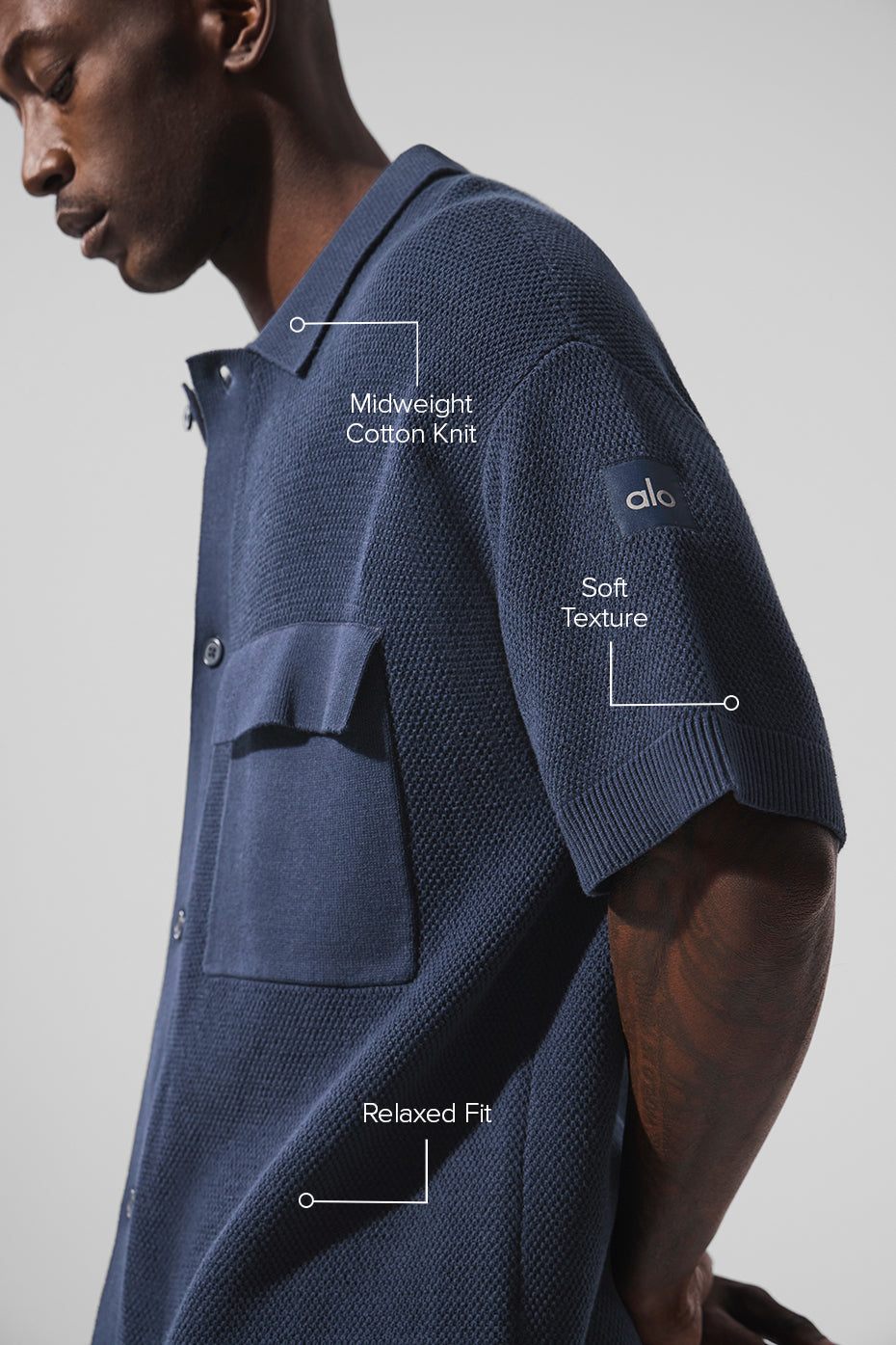 Sports Club Sweater Knit Short Sleeve Button Up - Navy — photo 2