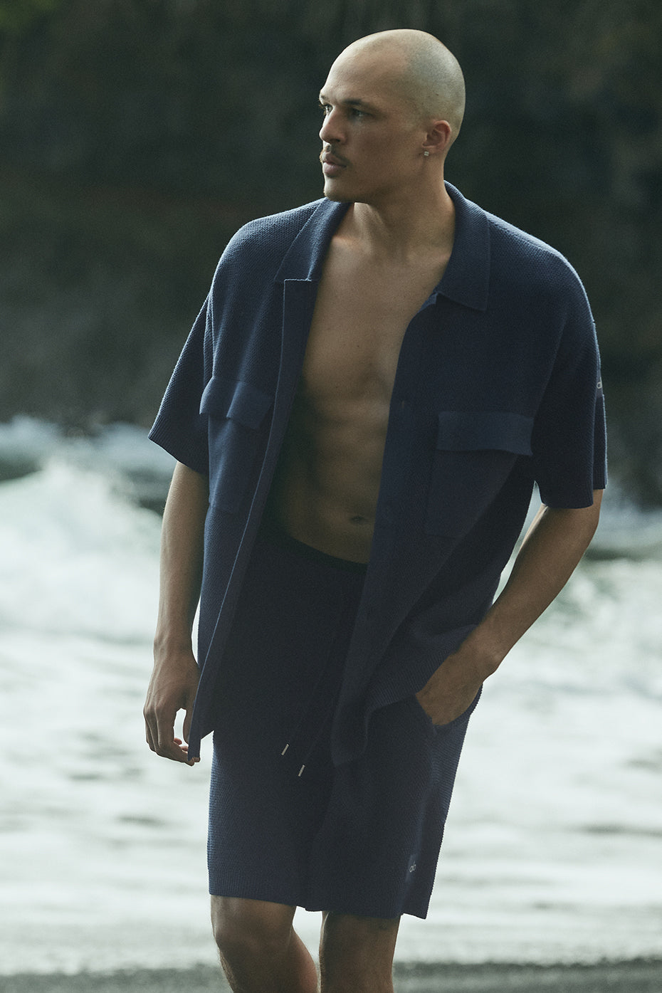 Sports Club Sweater Knit Short Sleeve Button Up - Navy — photo 5