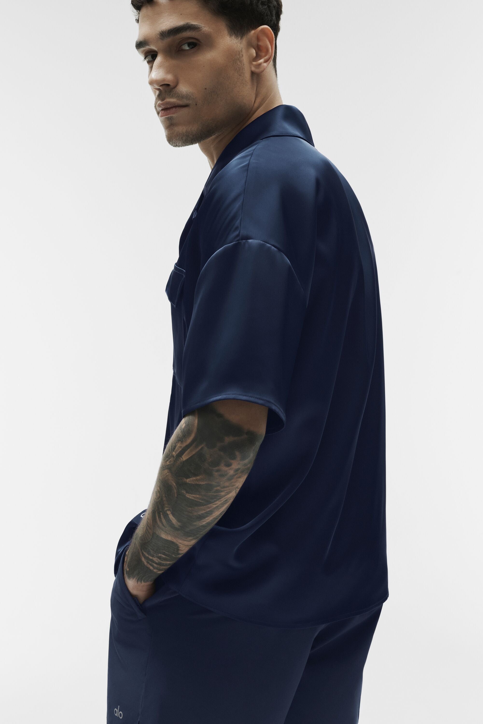 Satin Horizon Short Sleeve Button Up - Navy — photo 3