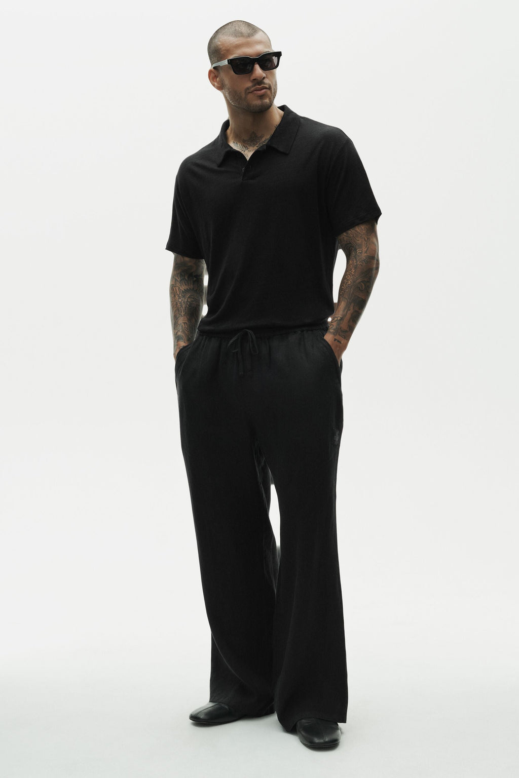 Linen Jersey Coastal Short Sleeve Polo - Black — photo 5