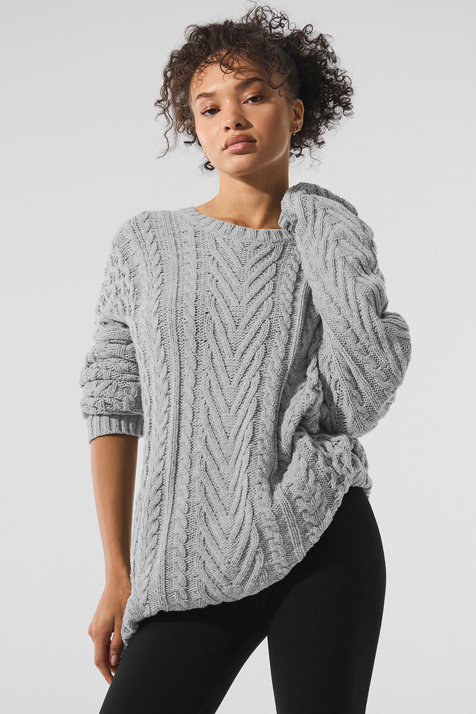 Cable Knit Crew Neck Sweater - Athletic Heather Grey — photo 1