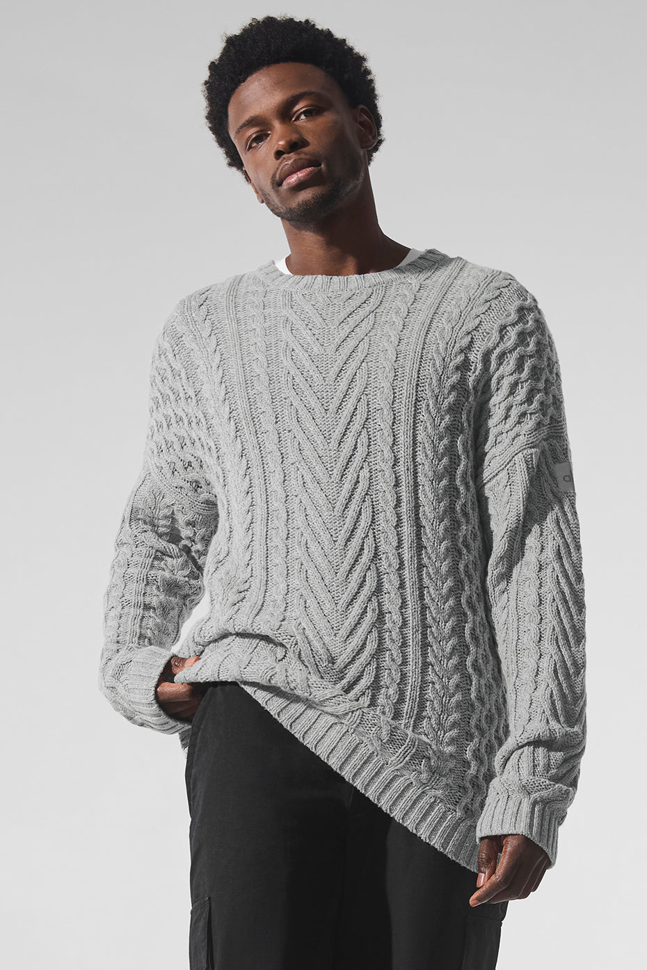 Cable Knit Crew Neck Sweater - Athletic Heather Grey — photo 1