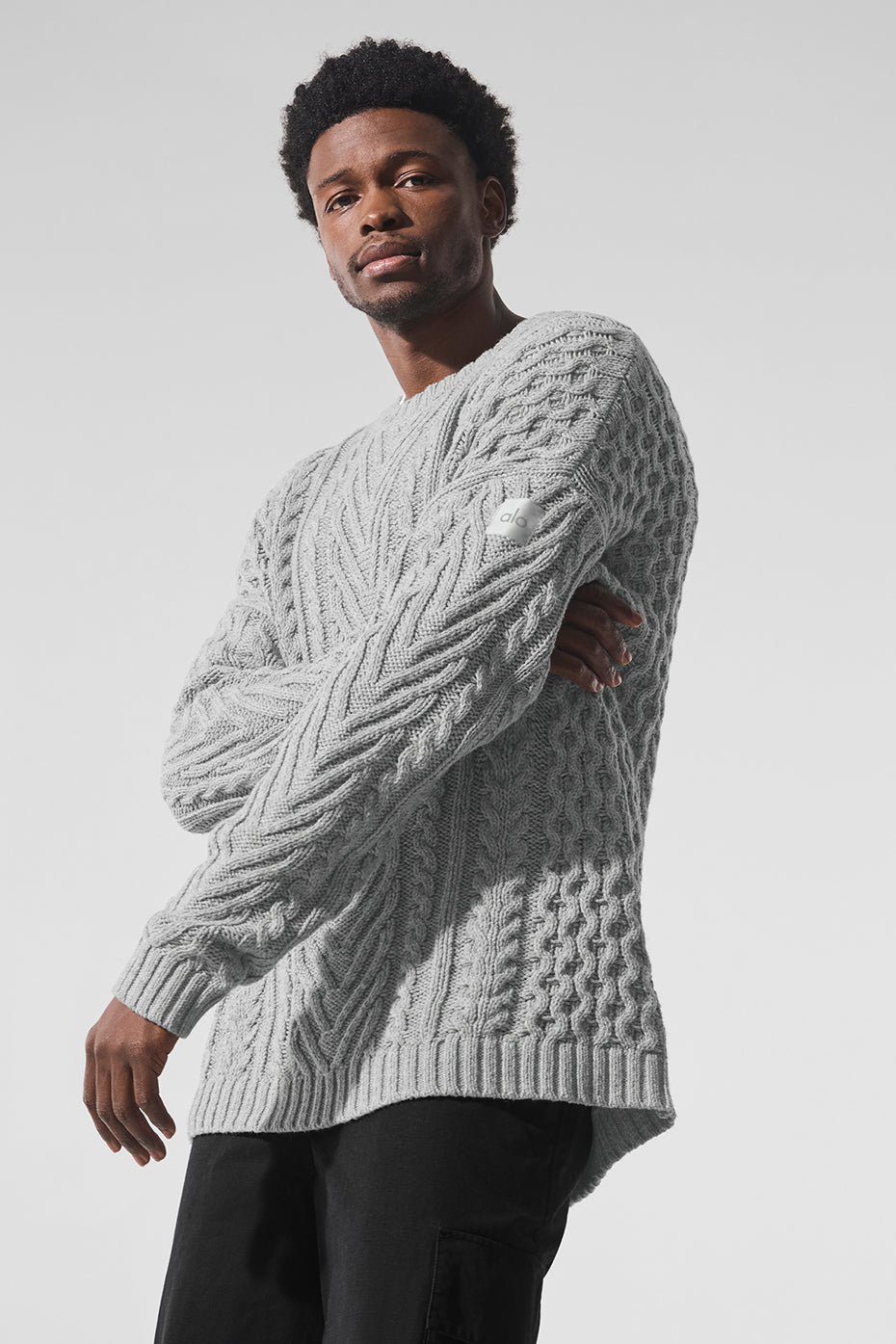 Cable Knit Crew Neck Sweater - Athletic Heather Grey — photo 2
