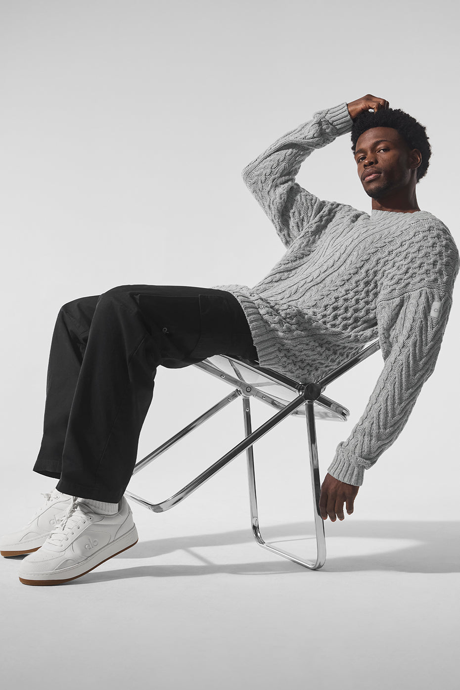 Cable Knit Crew Neck Sweater - Athletic Heather Grey — photo 4