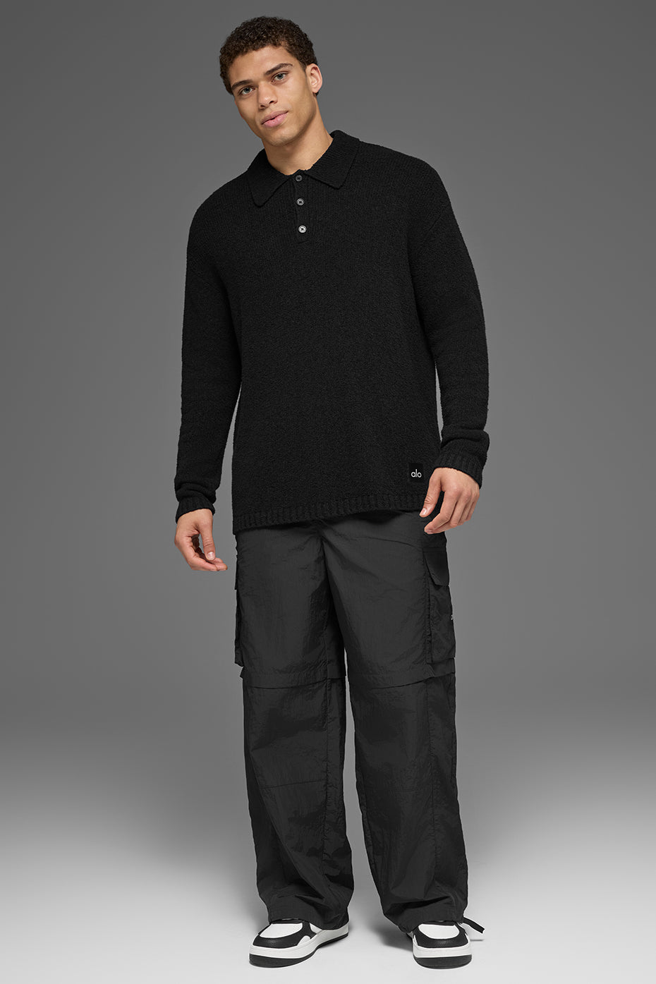 Textured Knit Long Sleeve Polo - Black — photo 5