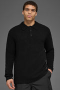 Textured Knit Long Sleeve Polo - Black — photo 1