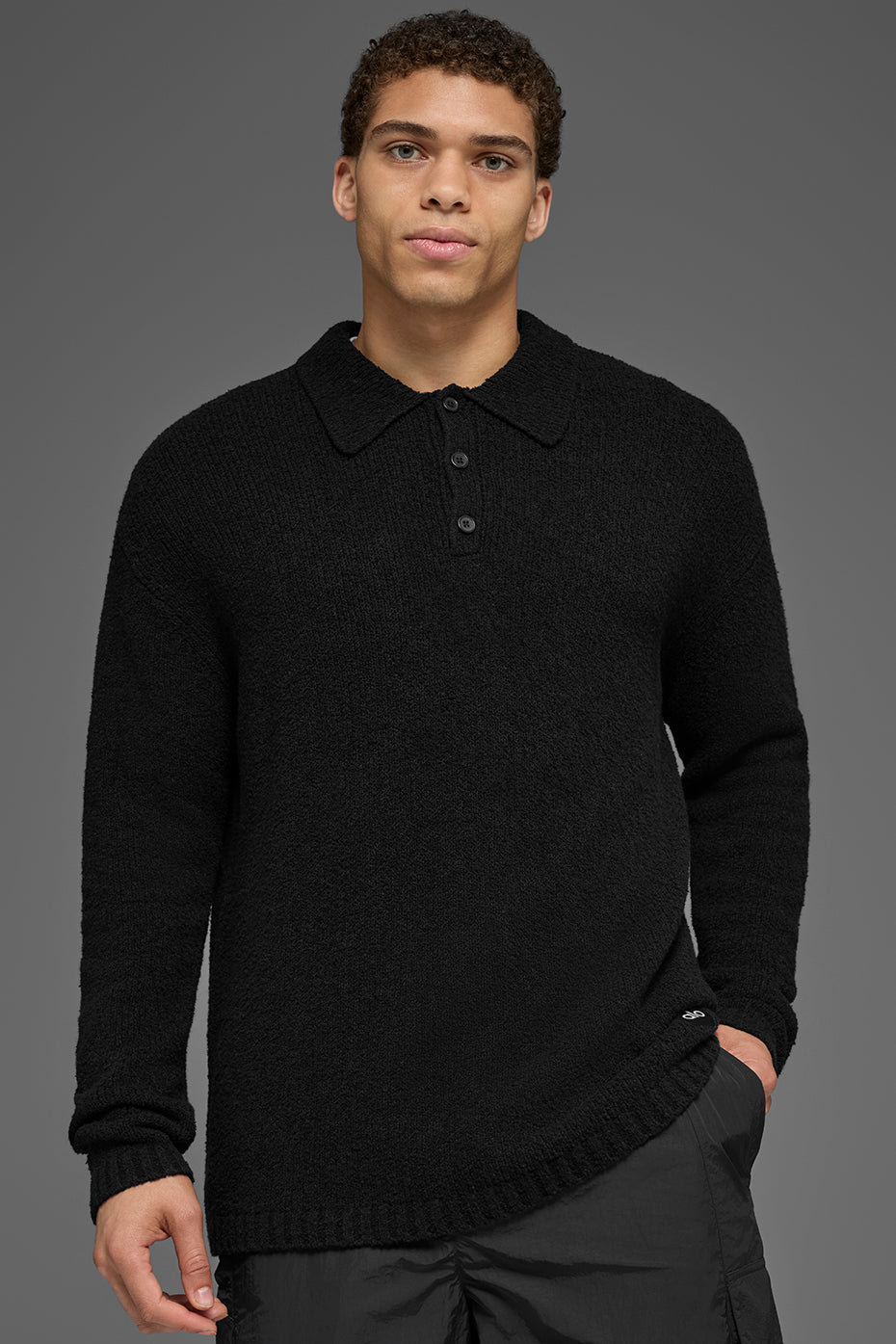 Textured Knit Long Sleeve Polo - Black — photo 1