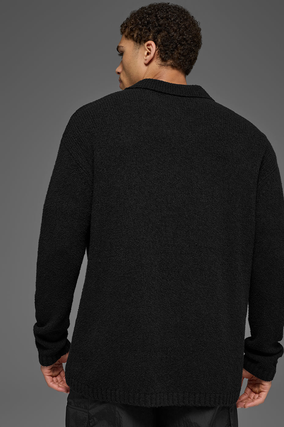 Textured Knit Long Sleeve Polo - Black — photo 3