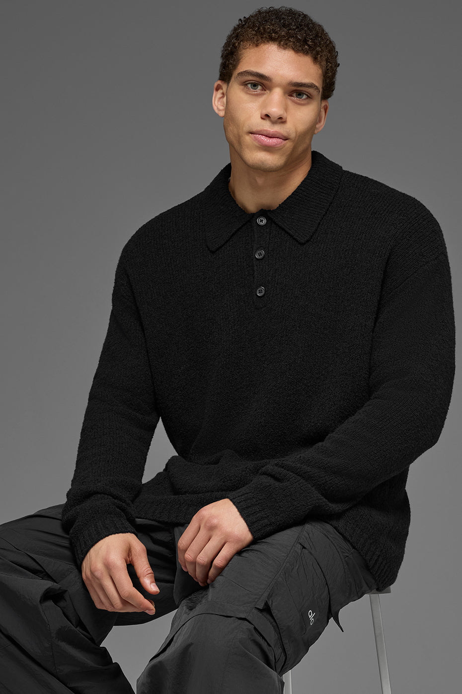 Textured Knit Long Sleeve Polo - Black — photo 4