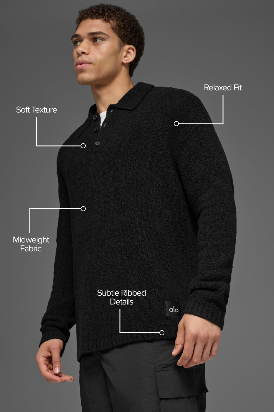 Textured Knit Long Sleeve Polo - Black — photo 2