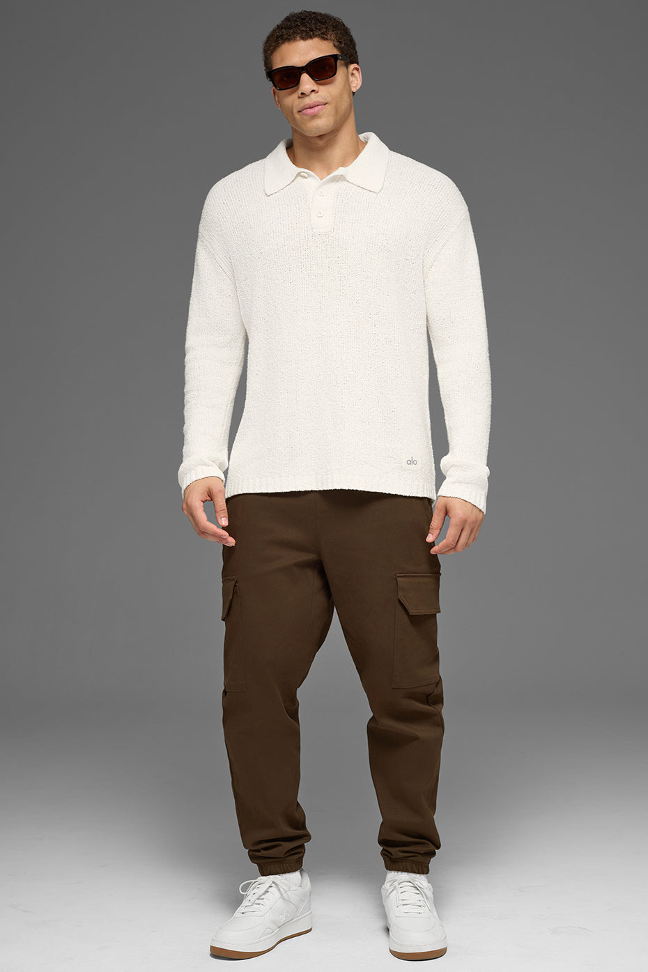 Textured Knit Long Sleeve Polo - Ivory — photo 5