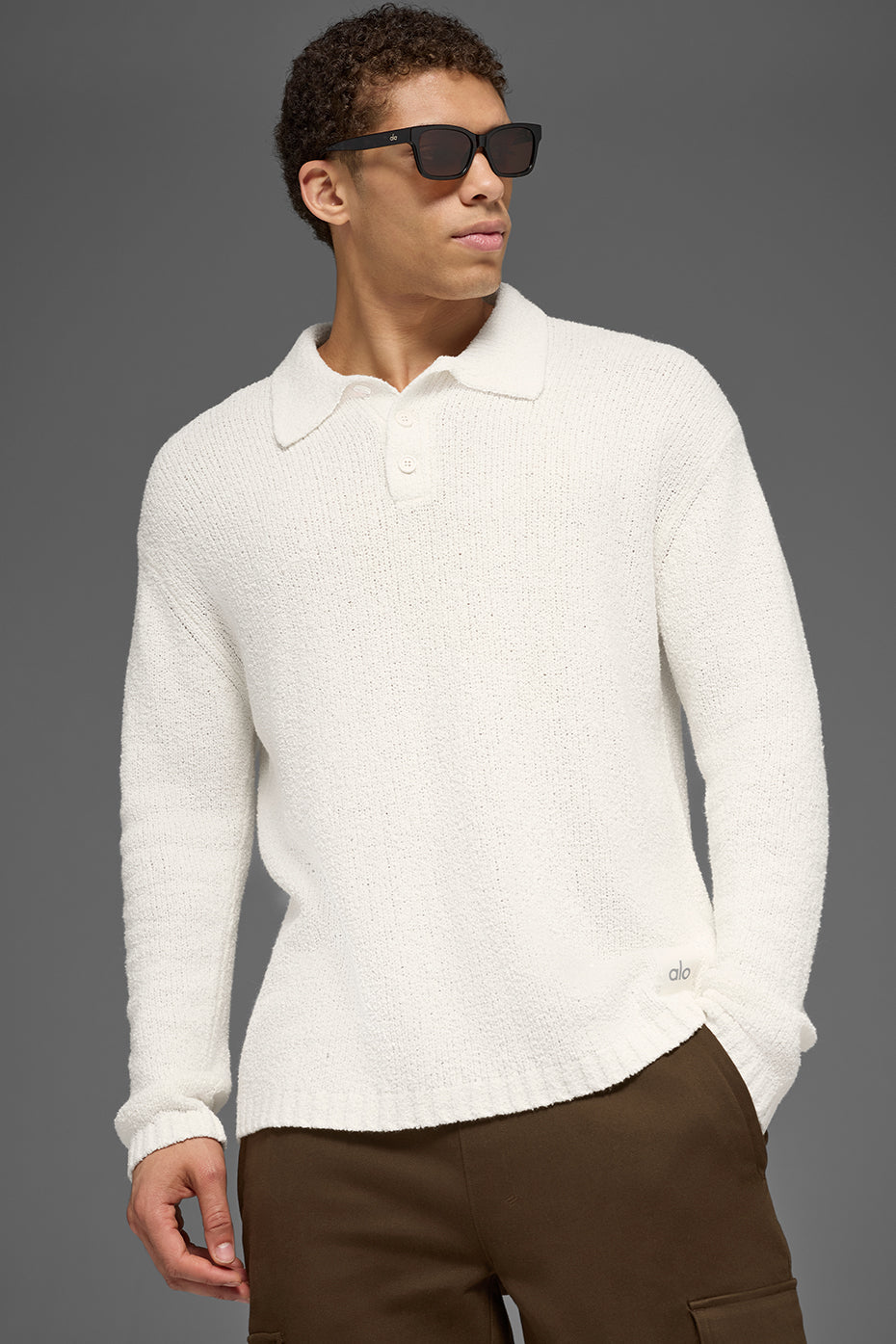 Textured Knit Long Sleeve Polo - Ivory — photo 1