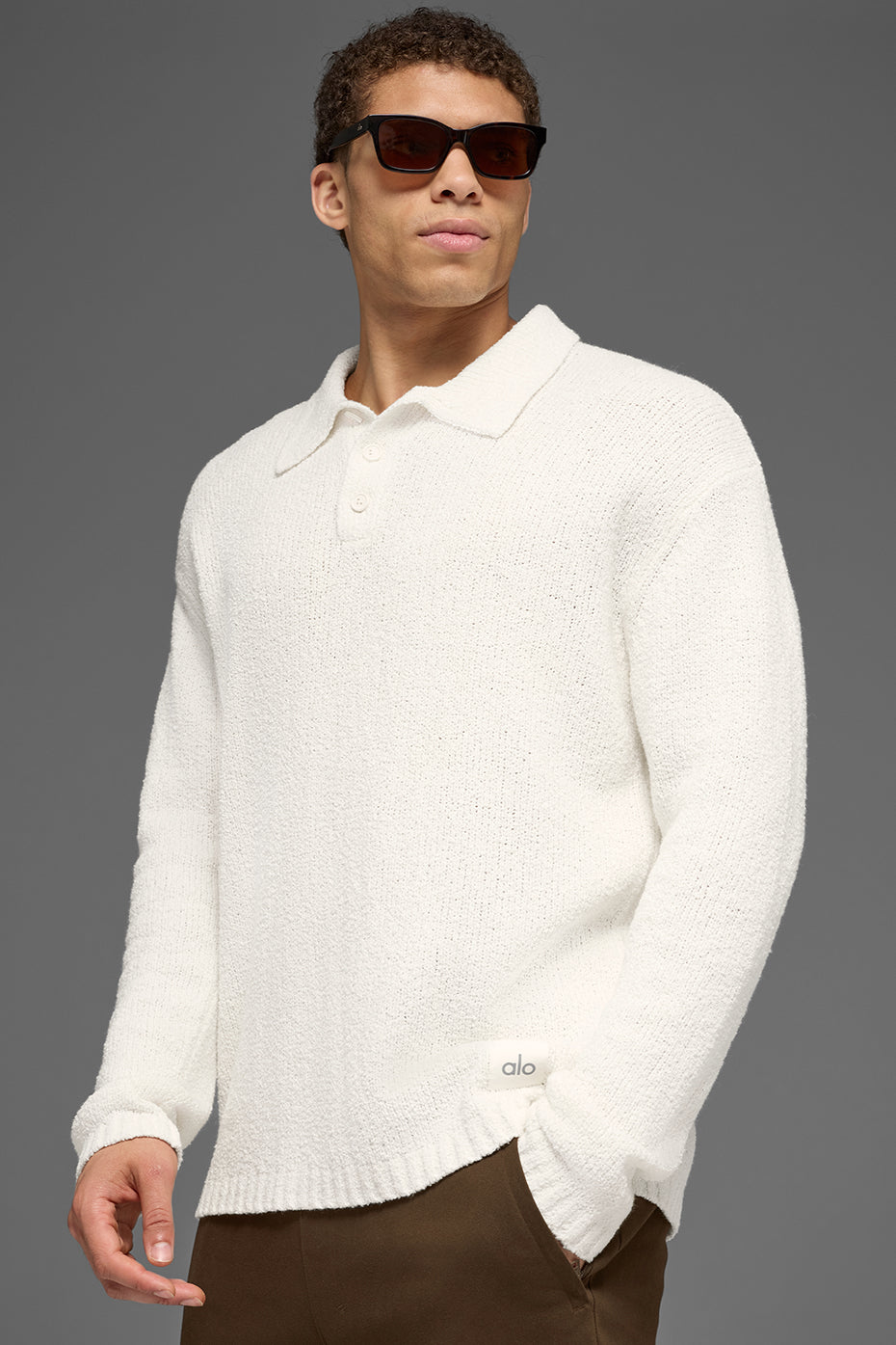 Textured Knit Long Sleeve Polo - Ivory — photo 4