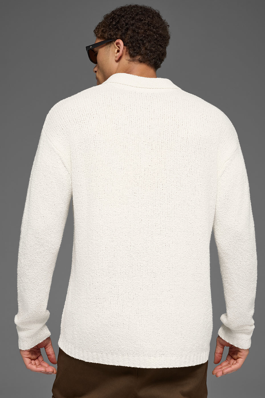 Textured Knit Long Sleeve Polo - Ivory — photo 3