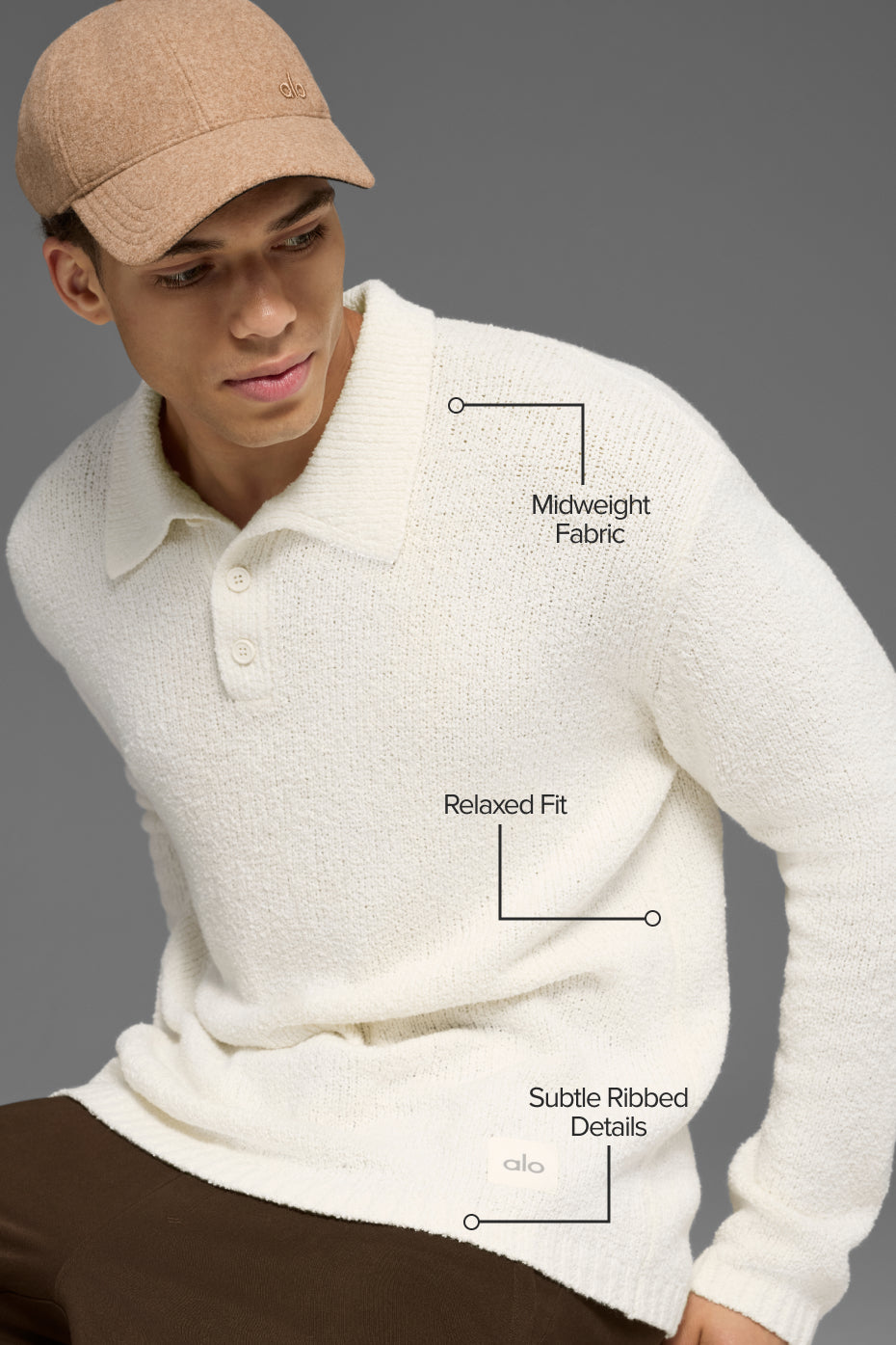 Textured Knit Long Sleeve Polo - Ivory — photo 2