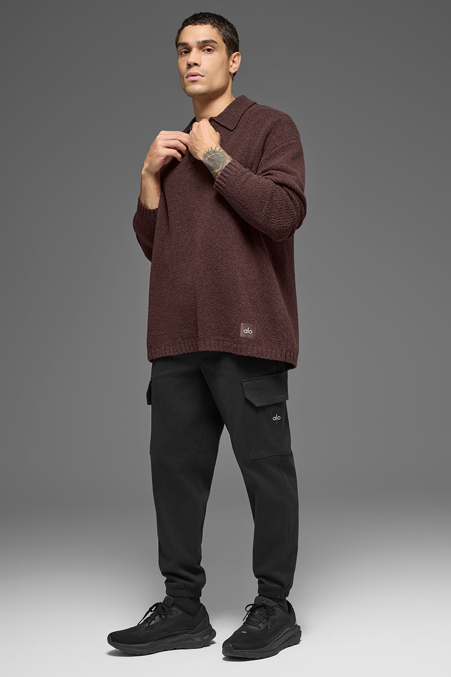 Textured Knit Long Sleeve Polo - Brownstone — photo 5