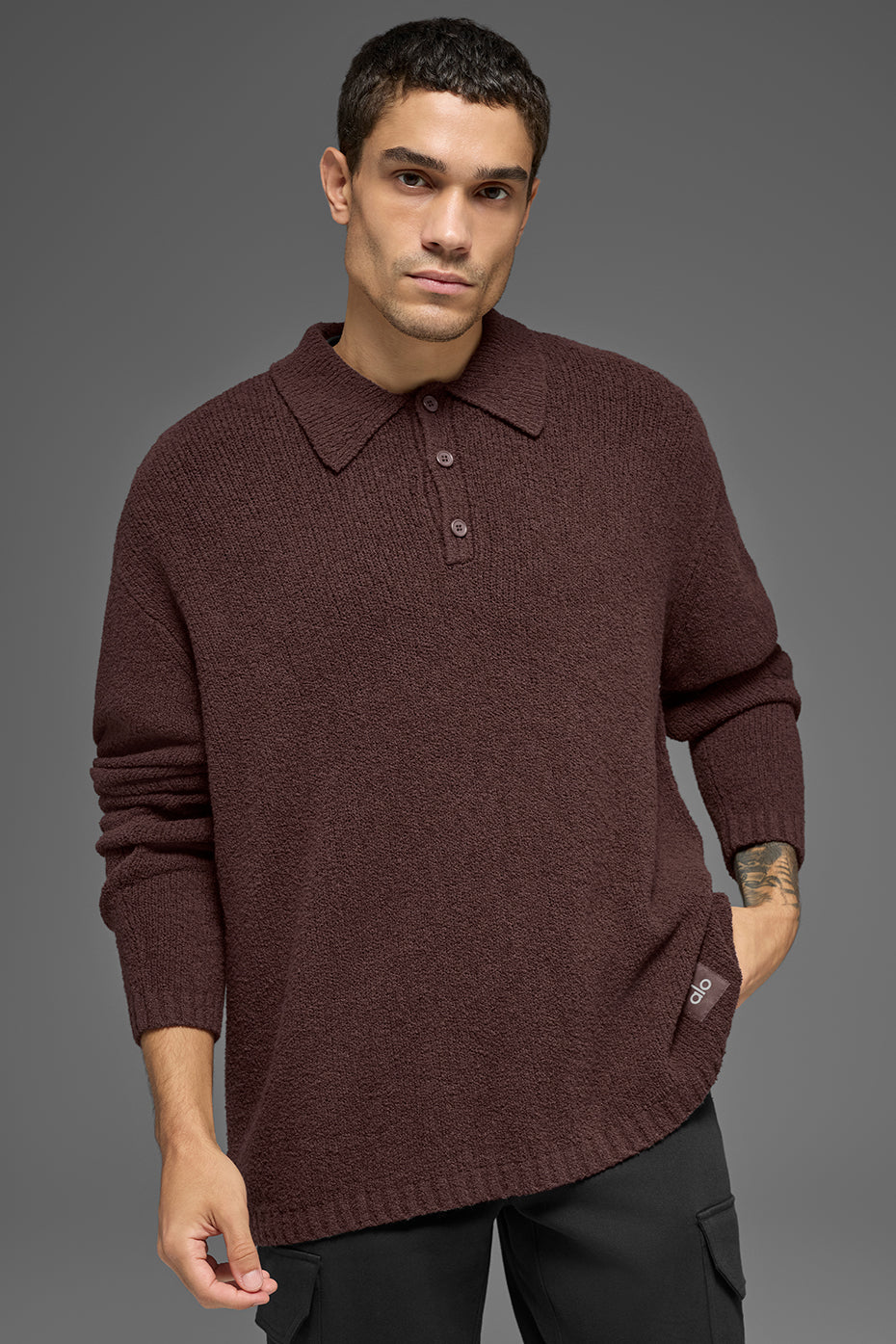 Textured Knit Long Sleeve Polo - Brownstone — photo 2