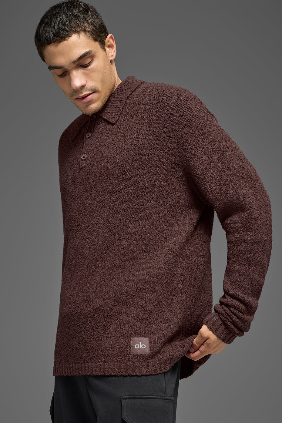 Textured Knit Long Sleeve Polo - Brownstone — photo 3