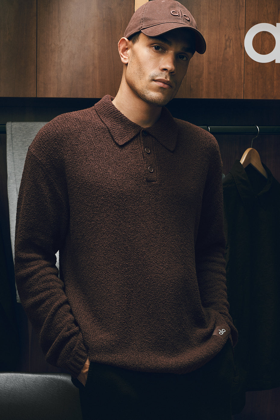 Textured Knit Long Sleeve Polo - Brownstone — photo 1