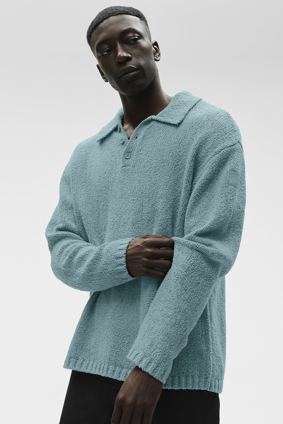 Textured Knit Long Sleeve Polo - Desert Sage — photo 3