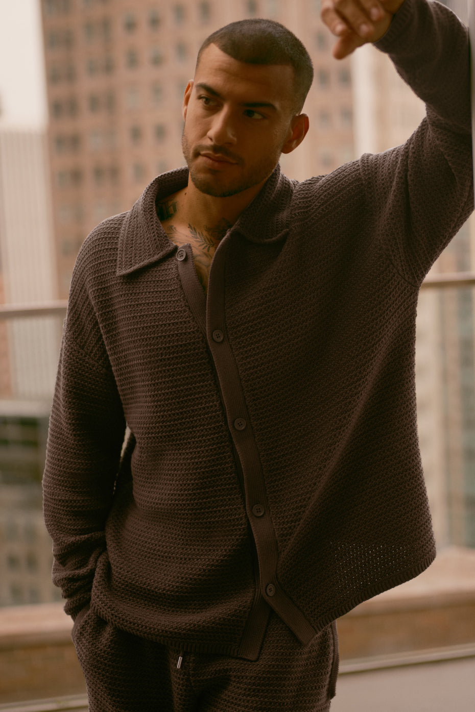 Shift Knit Button Up Long Sleeve - Espresso — photo 1