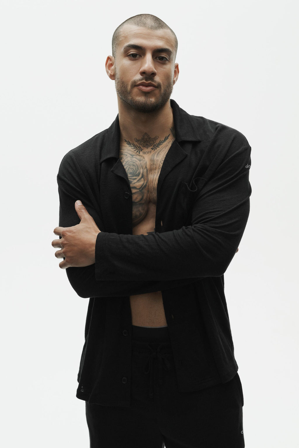 Linen Jersey Coastal Long Sleeve Button Up - Black — photo 3