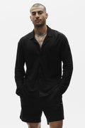 Linen Jersey Coastal Long Sleeve Button Up - Black — photo 1