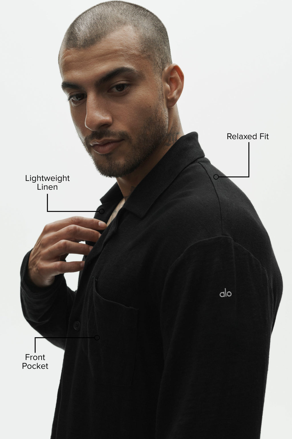 Linen Jersey Coastal Long Sleeve Button Up - Black — photo 2