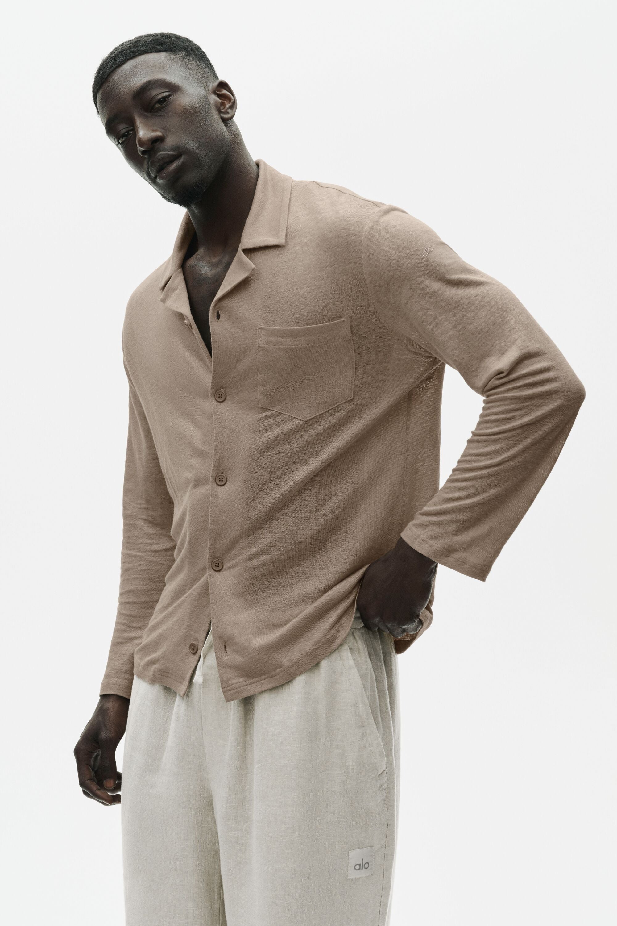 Linen Jersey Coastal Long Sleeve Button Up - Gravel — photo 1