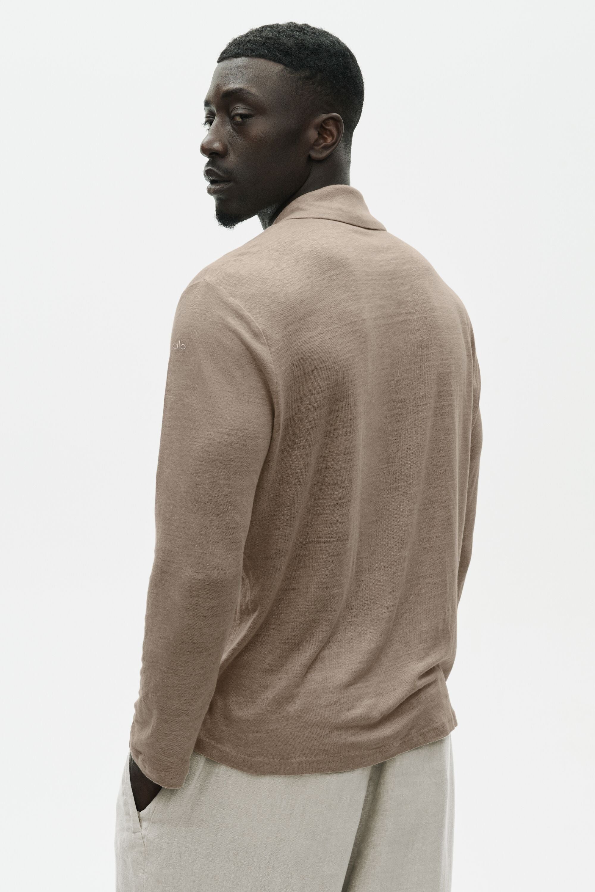 Linen Jersey Coastal Long Sleeve Button Up - Gravel — photo 4