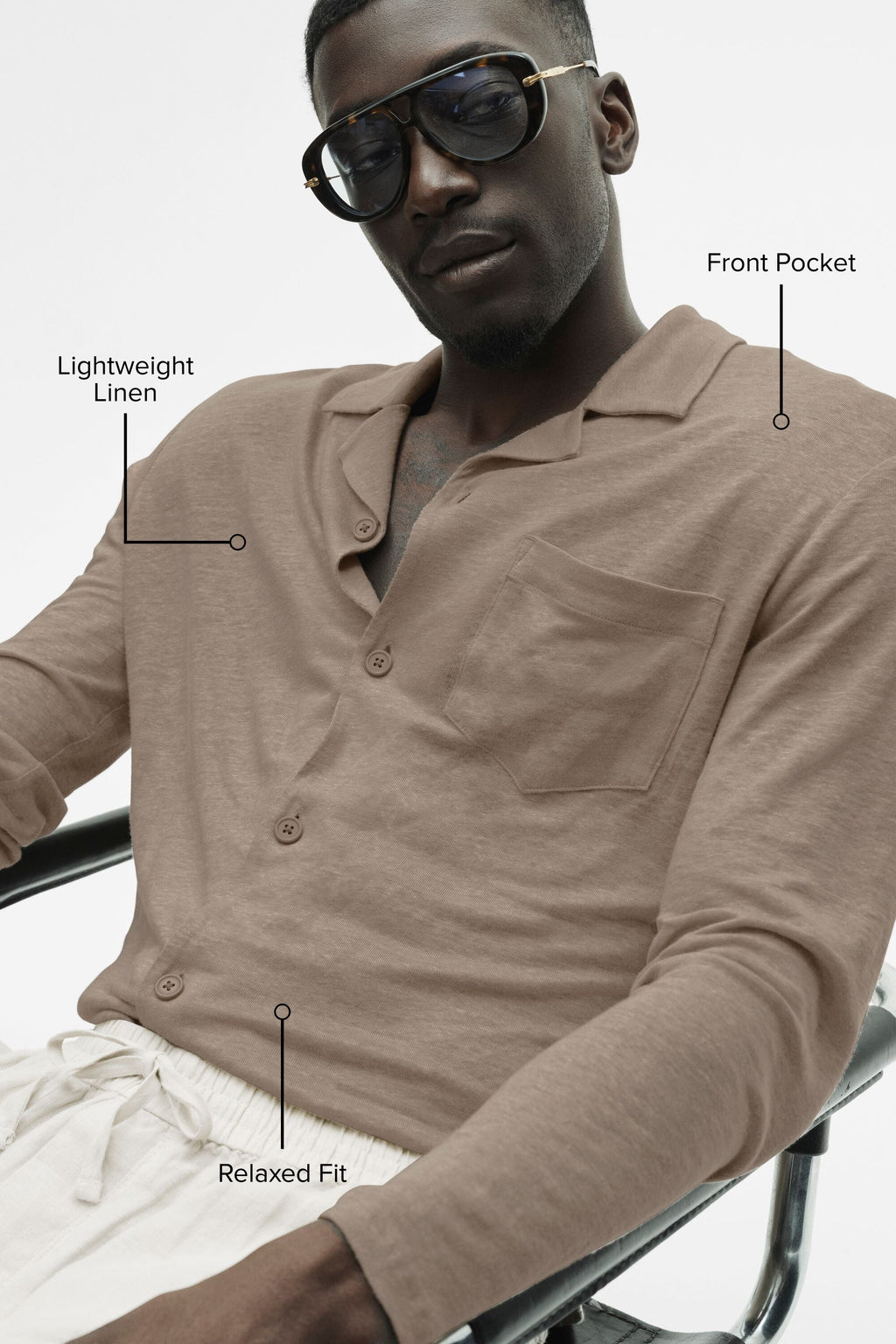 Linen Jersey Coastal Long Sleeve Button Up - Gravel — photo 2