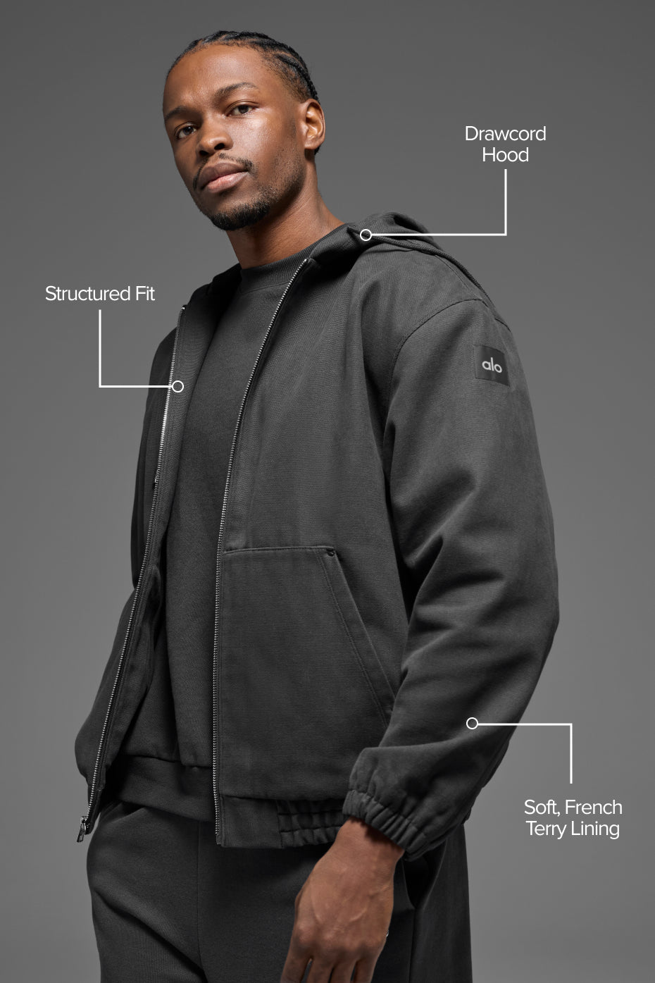 Cotton Canvas Full Zip Hoodie - Anthracite — photo 2