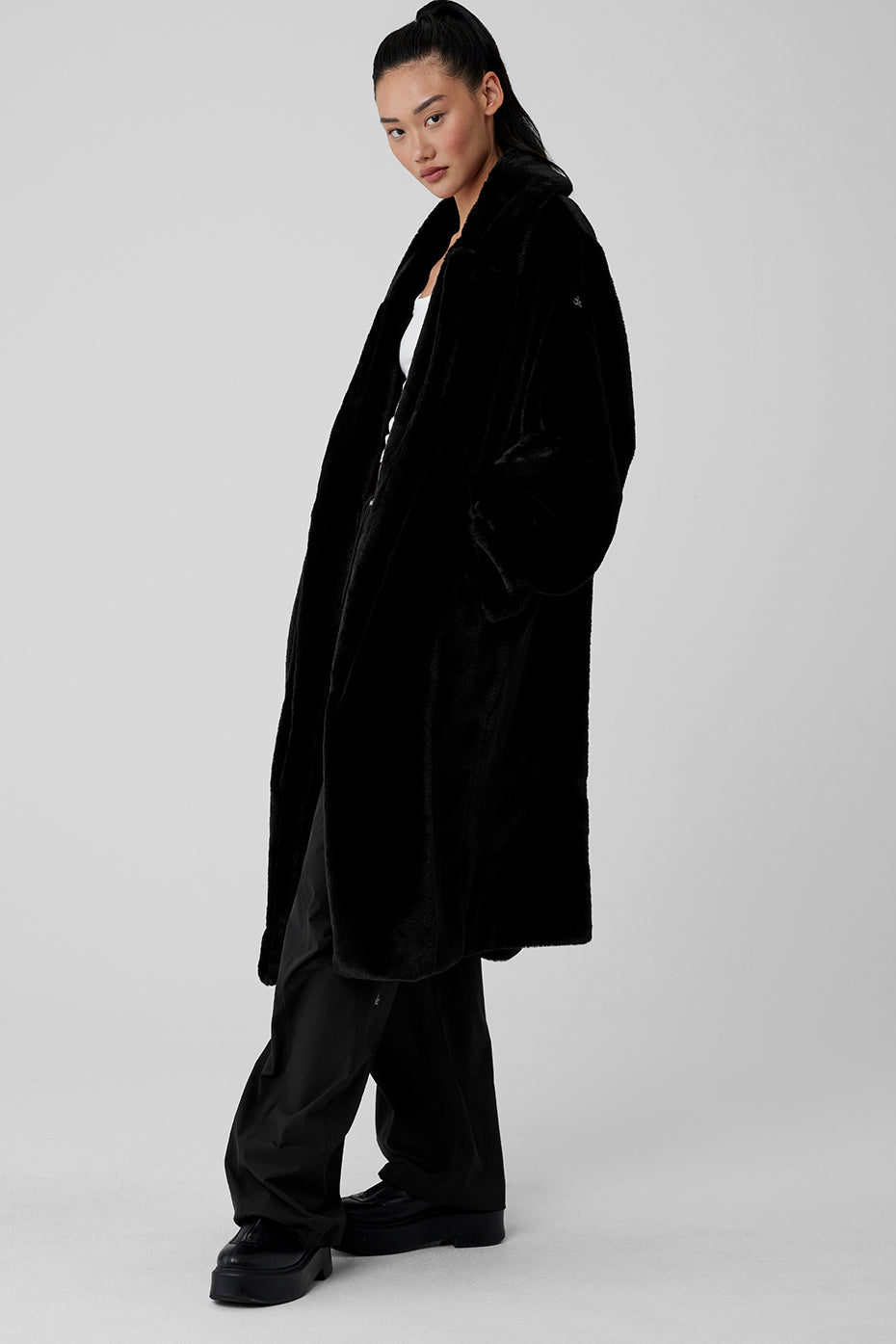 Oversized Faux Fur Trench - Black — photo 3