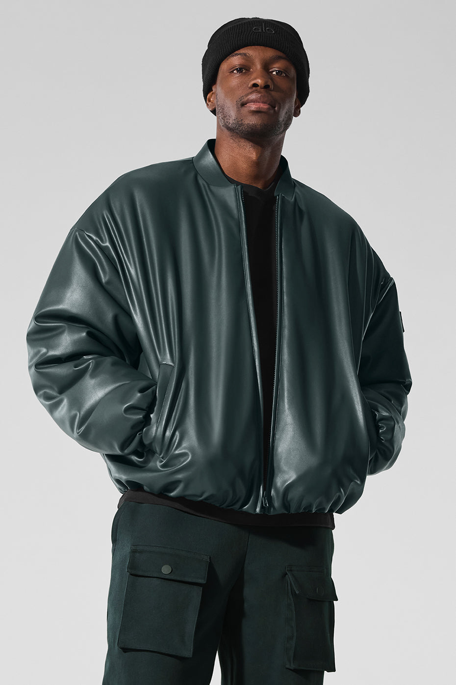 Faux Leather Premier Bomber - Charcoal Green — photo 1