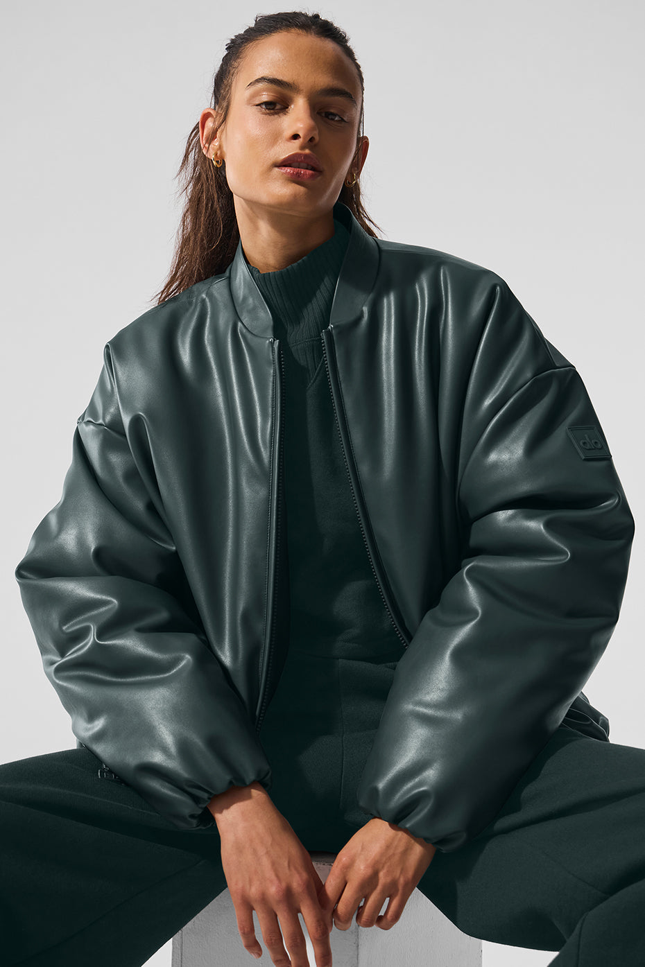Faux Leather Premier Bomber - Charcoal Green — photo 1
