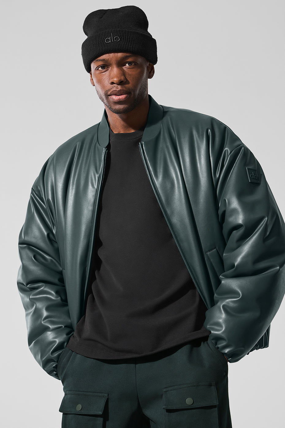 Faux Leather Premier Bomber - Charcoal Green — photo 3