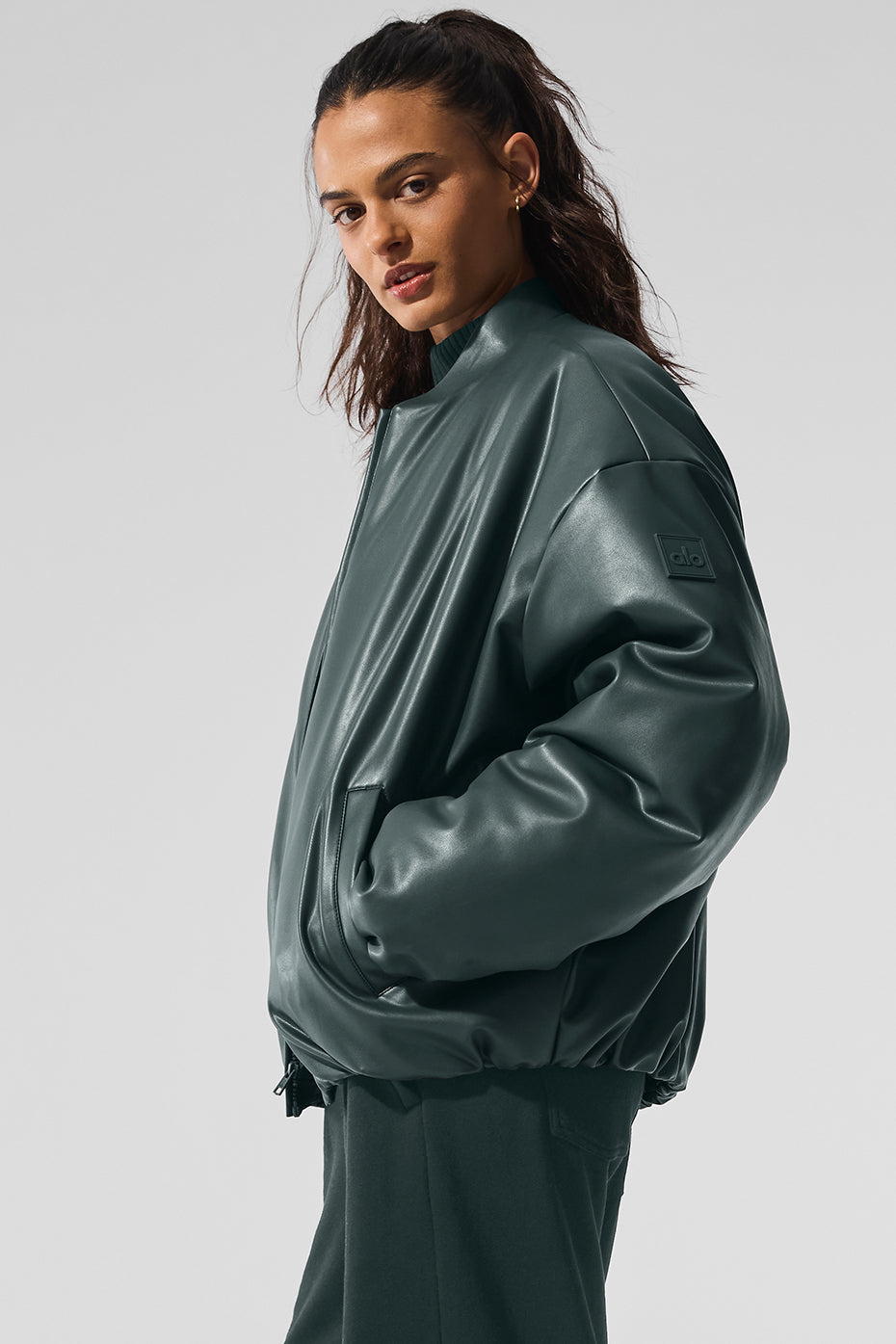 Faux Leather Premier Bomber - Charcoal Green — photo 3