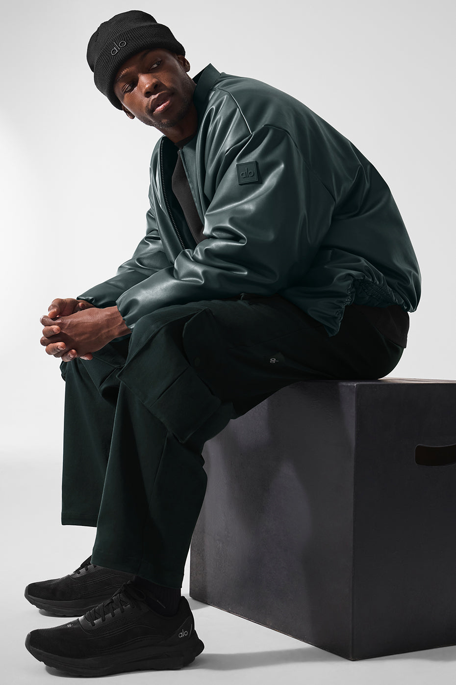 Faux Leather Premier Bomber - Charcoal Green — photo 4