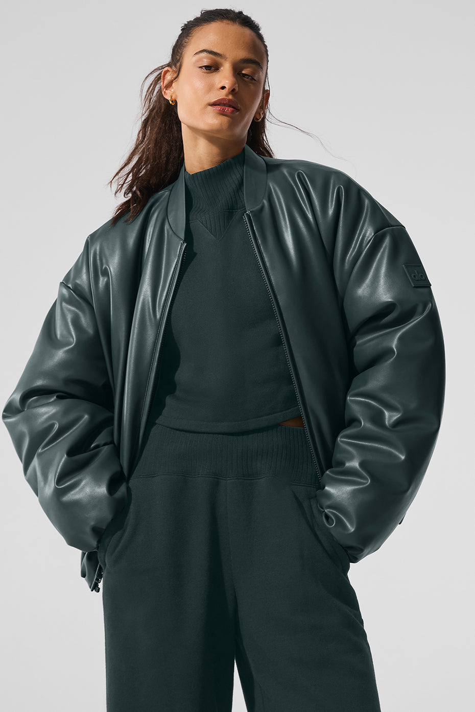 Faux Leather Premier Bomber - Charcoal Green — photo 4