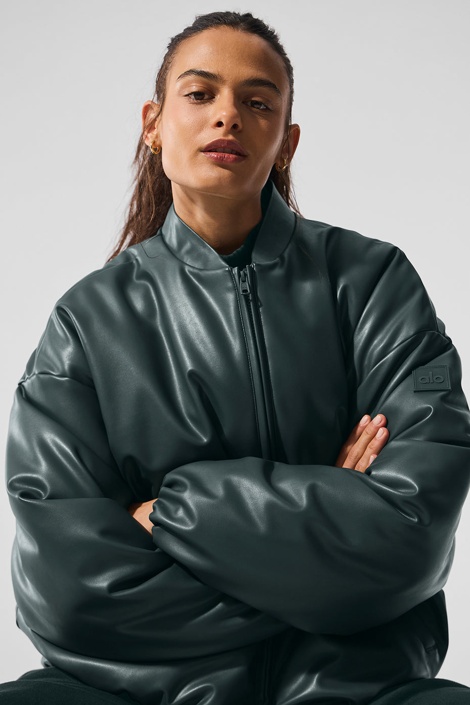 Faux Leather Premier Bomber - Charcoal Green — photo 5