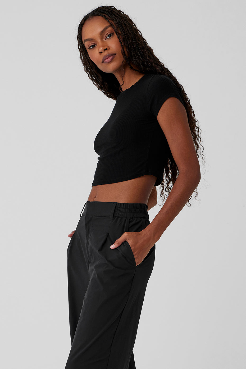 Ribbed Sea Coast Cropped Short Sleeve Tee - Black — photo 3