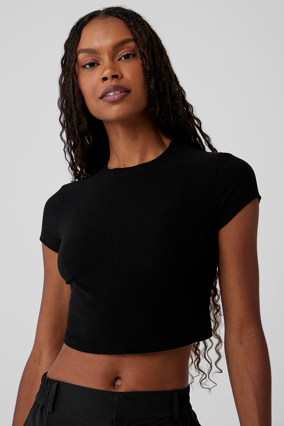 Ribbed Sea Coast Cropped Short Sleeve Tee - Black — photo 4