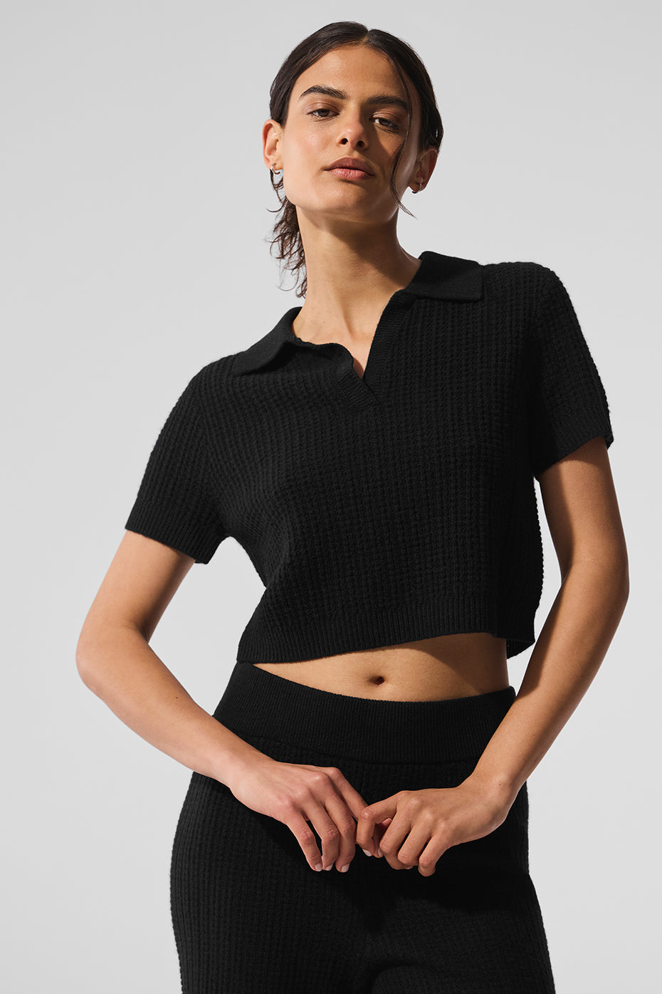 Cashmere Plush Waffle Polo Tee - Black — photo 1