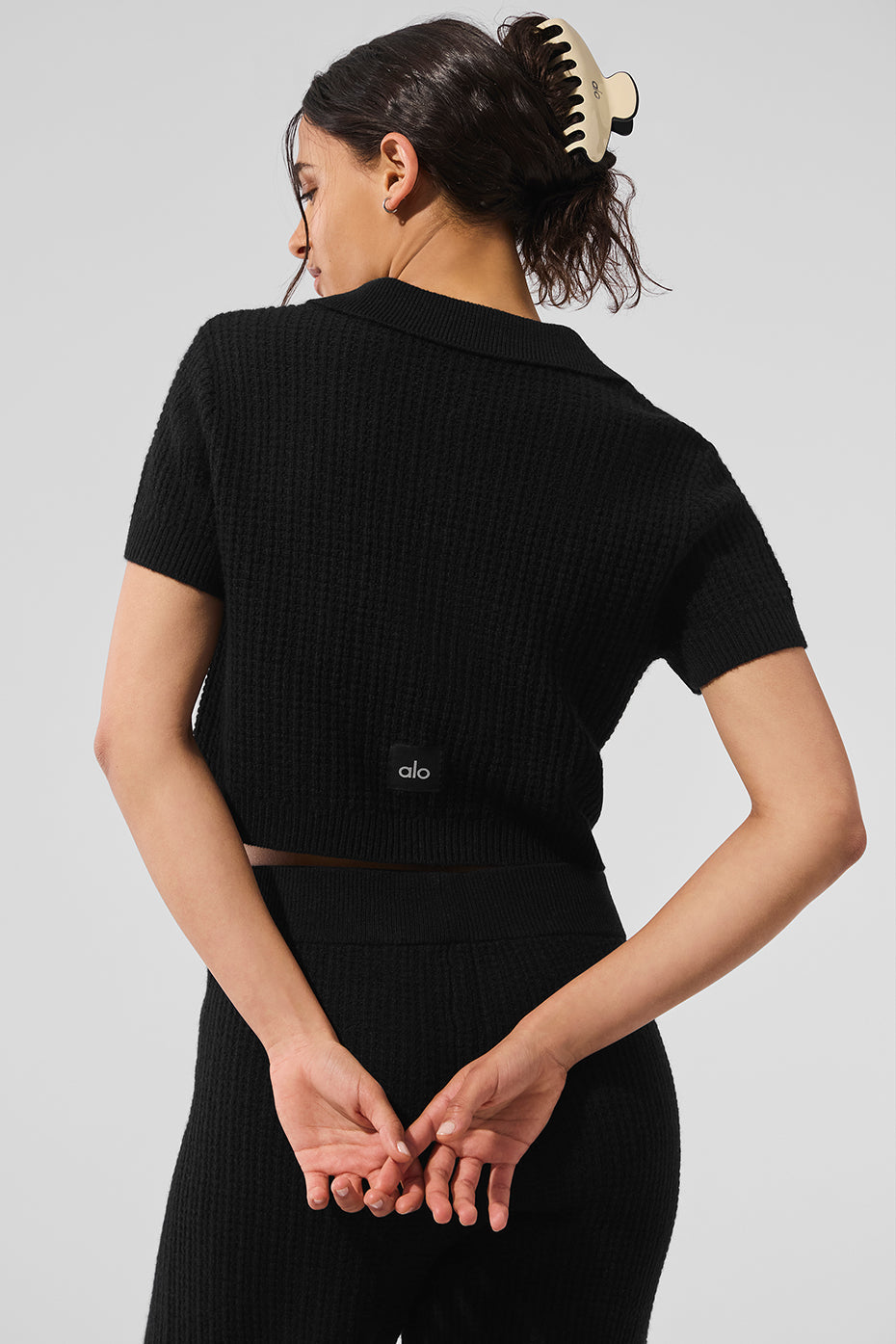 Cashmere Plush Waffle Polo Tee - Black — photo 3