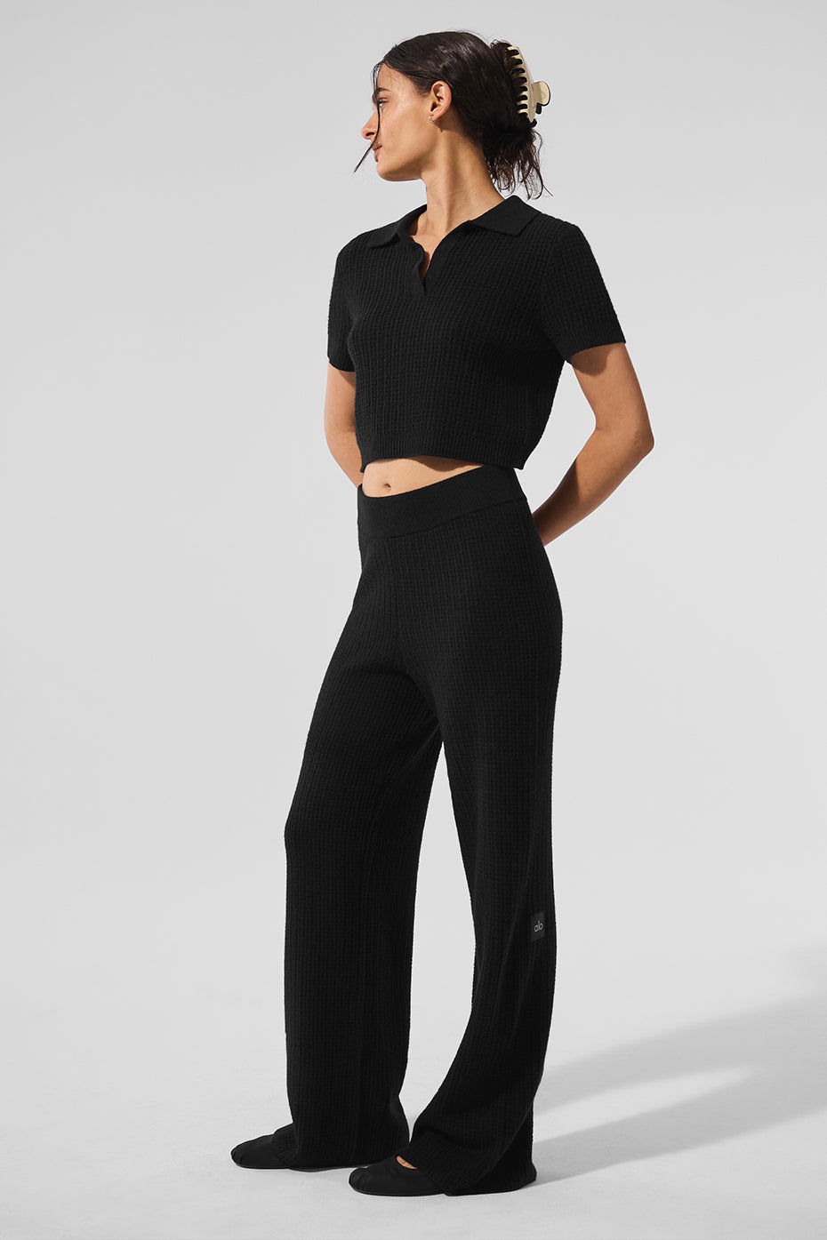 Cashmere Plush Waffle Polo Tee - Black — photo 4