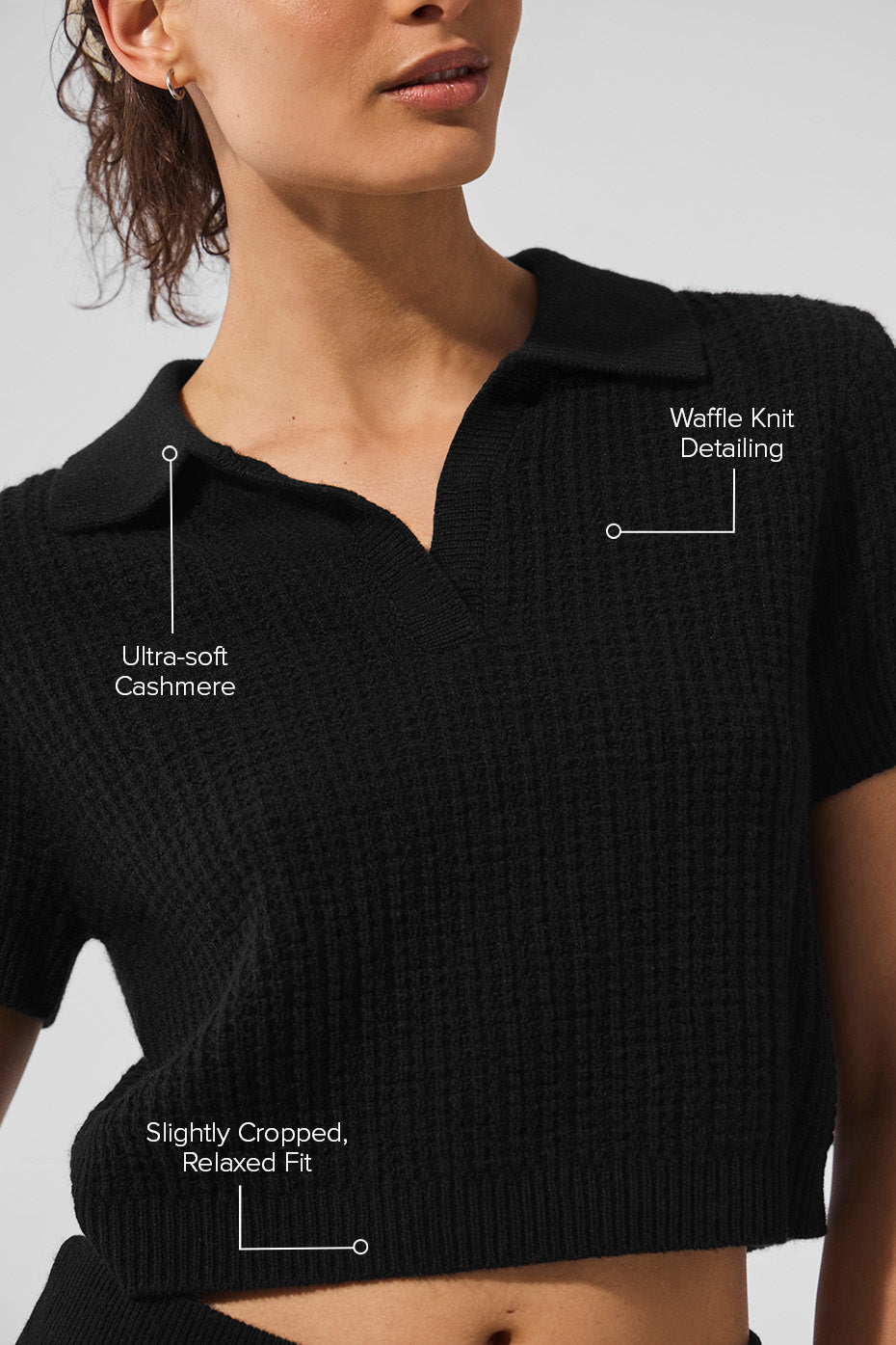 Cashmere Plush Waffle Polo Tee - Black — photo 2